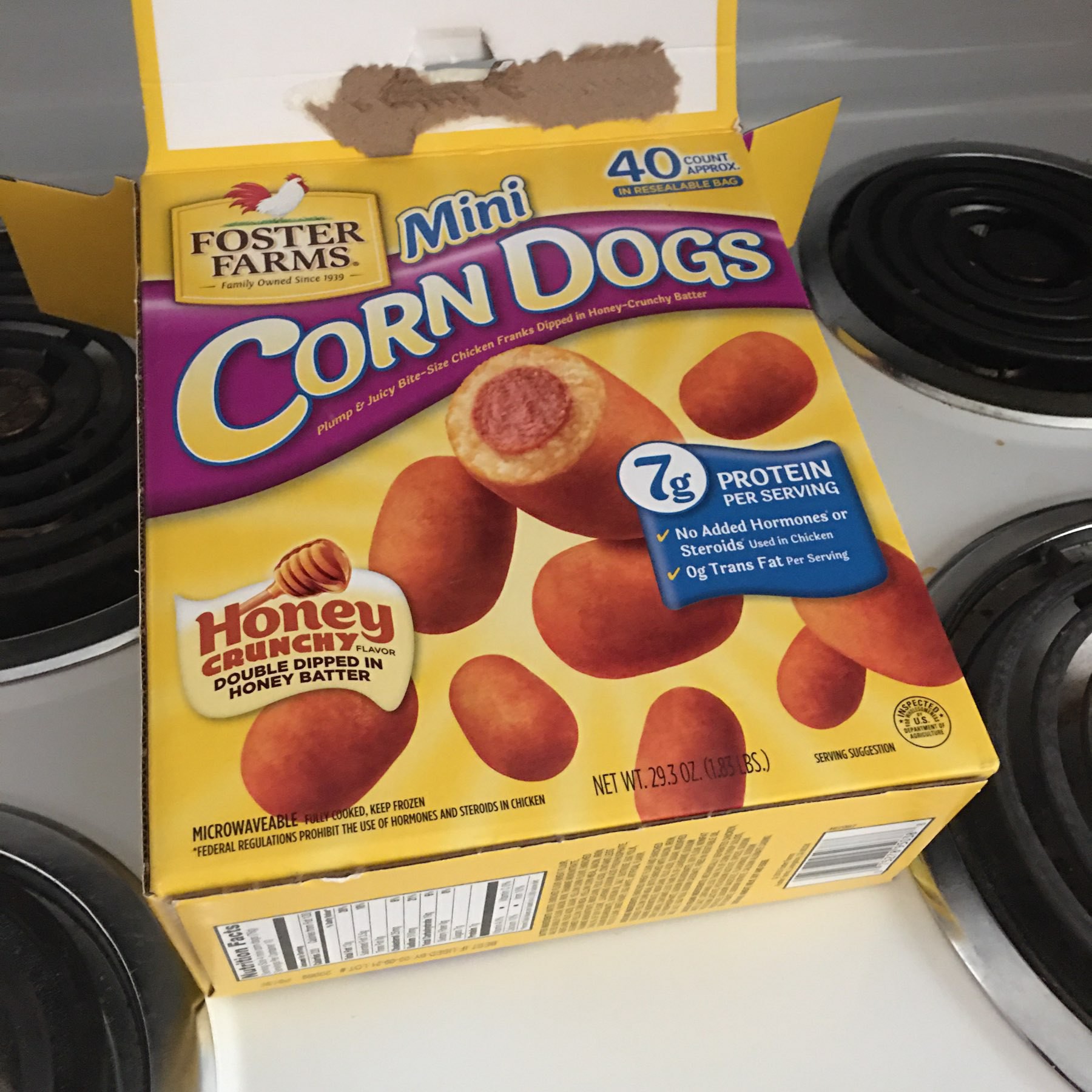 Box of corndogs. 