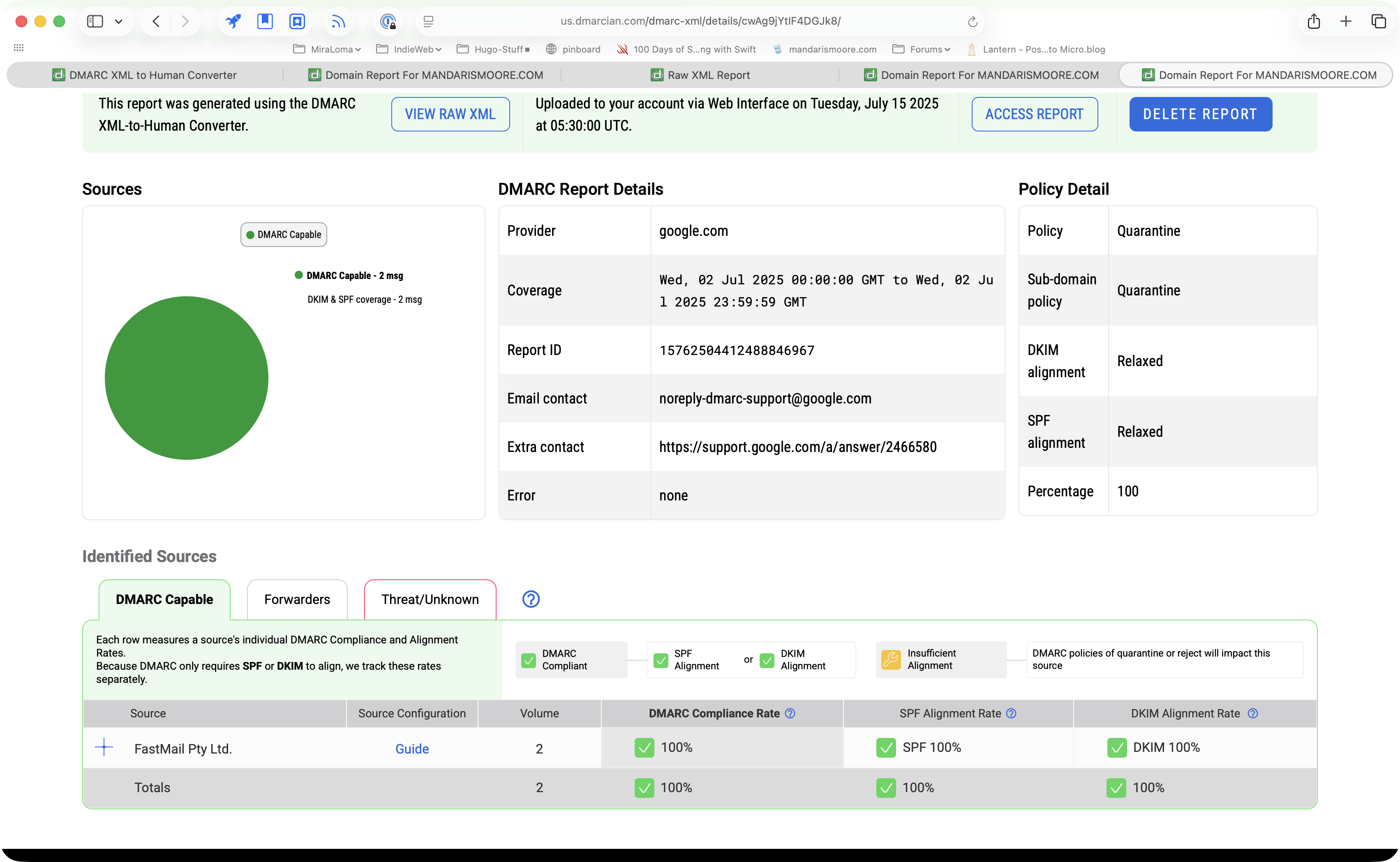 DMARC report showing no errors.